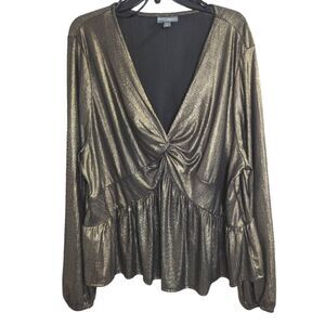 Bold Elements twist front peplum v-neck metallic gold party dressy top blouse 3X